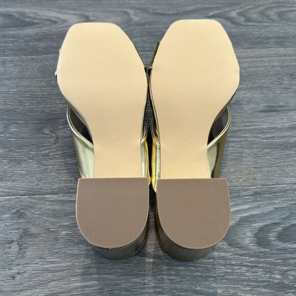 NEW Lulus SZ 8.5 Ybarra Gold High Block Heel Sandals Metallic Vegan Criss Cross - Picture 8 of 10